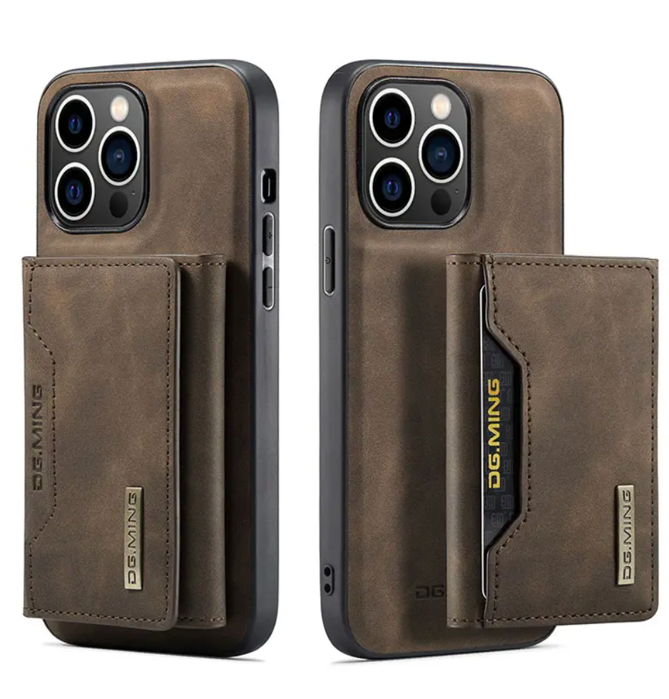 Funda y cartera de cuero magnética desmontable para iPhone 14 pro color Café (Coffee)